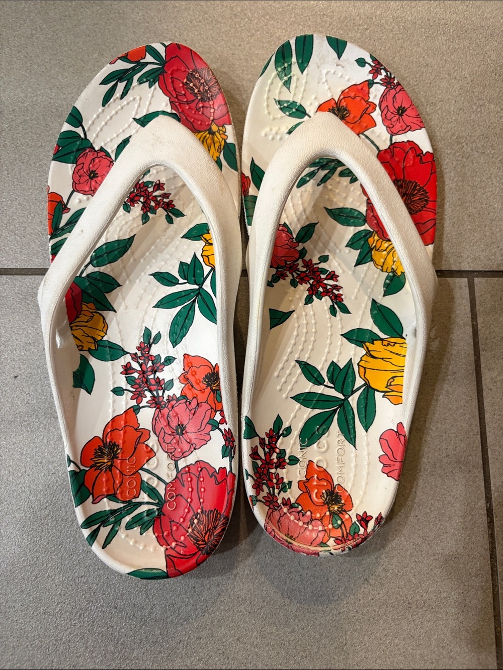CROCS White Floral Print Women's Sandals with Red, Pink and Yellow Blooms